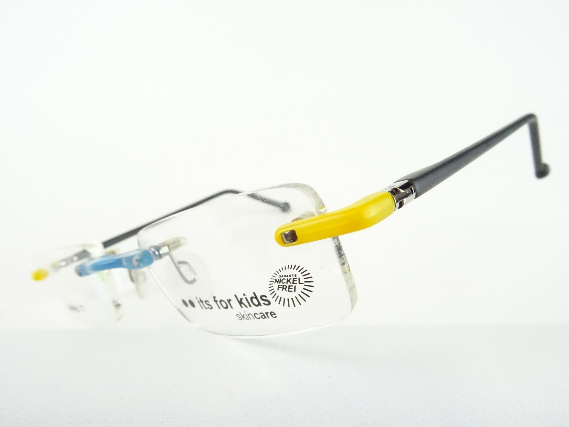 Blau-gelbe Kinderbrille randlos kleine Brillenfassung rahmenlos unisex für kleine Gesicht/Kopfform nickelfrei leicht Gr. S