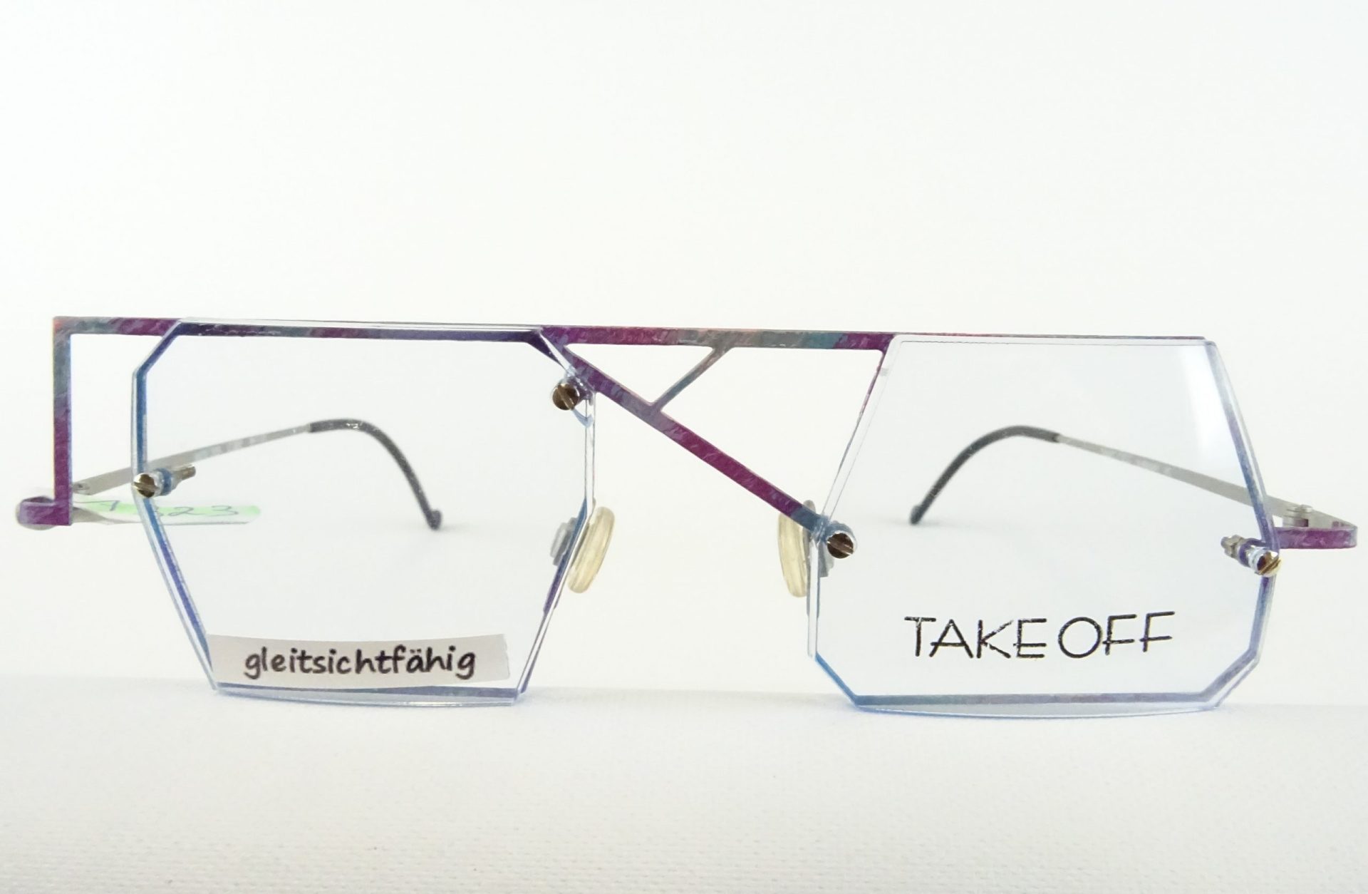 Brillengestelle verrückte Brillengestelle Metallfassung blau-lila Marke TAKE OFF asymetrische Bohrbrille crazy Design Gr. M