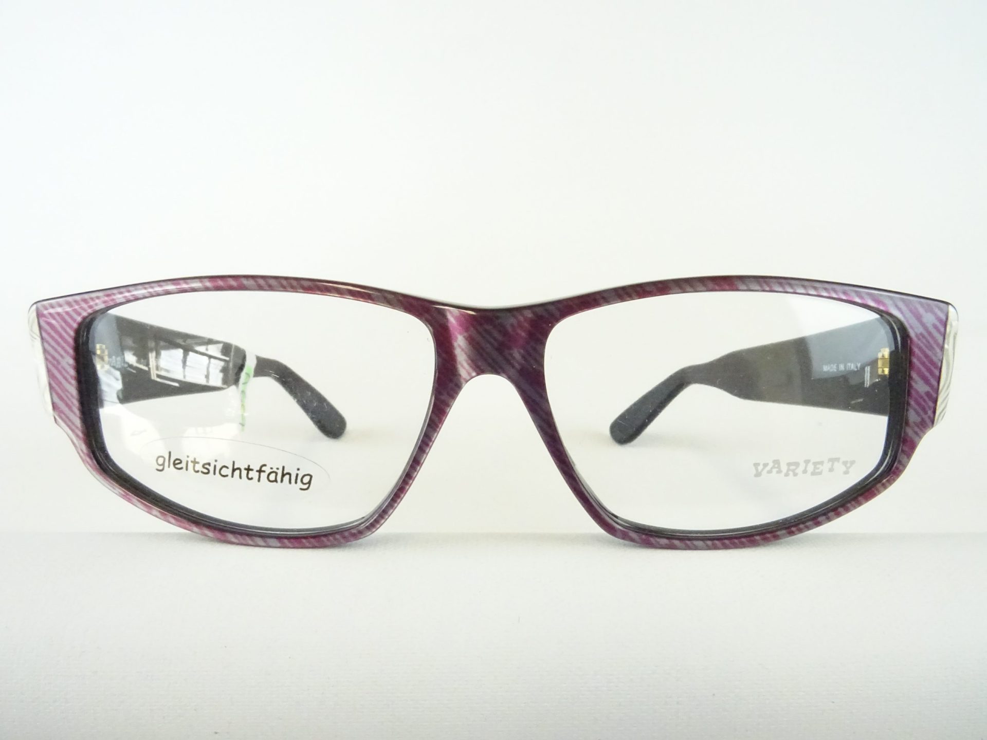 Lila-grau gestreifte Damenbrille aus Kunststoff große Glasform mit breiten Bügeln Neuware aus den 80ern Vintagefassung Gr. M